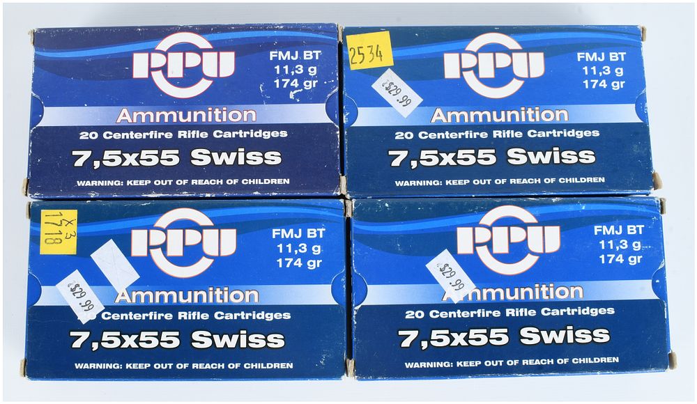 Lot 439: Prvi Partizan 7.5x55mm Swiss 174 Grain FMJ BT Ammunition 80 Rounds