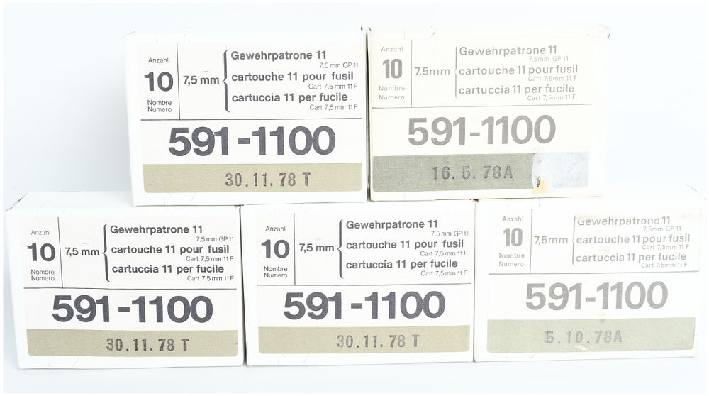 Lot 469: A Lot of 50 Rounds of Swiss Military GP 11 7.5x55mm Rifle Ammunition 1978