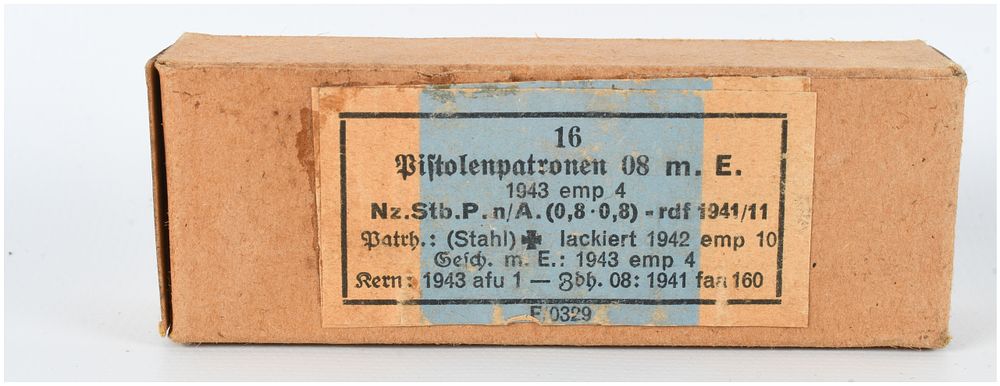 Lot 475: A Lot of 16 Dynamit A.G. Pistolenpatronen 08 m.E. 9mm Luger Cartridges 1943