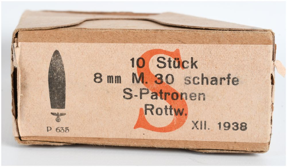 Lot 496: A Lot of 10 Rottweil 8x56mmR M.30 Scharfe S-Patronen Ammunition 1938