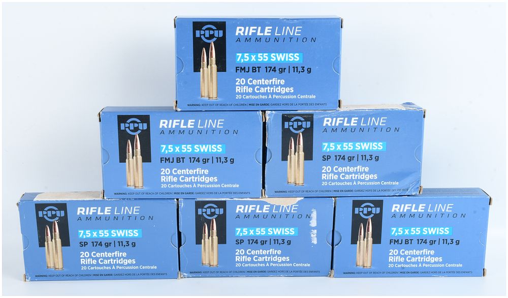 Lot 517: A Lot of 120 Rounds PPU Rifle Line 7.5x55mm Swiss Ammunition