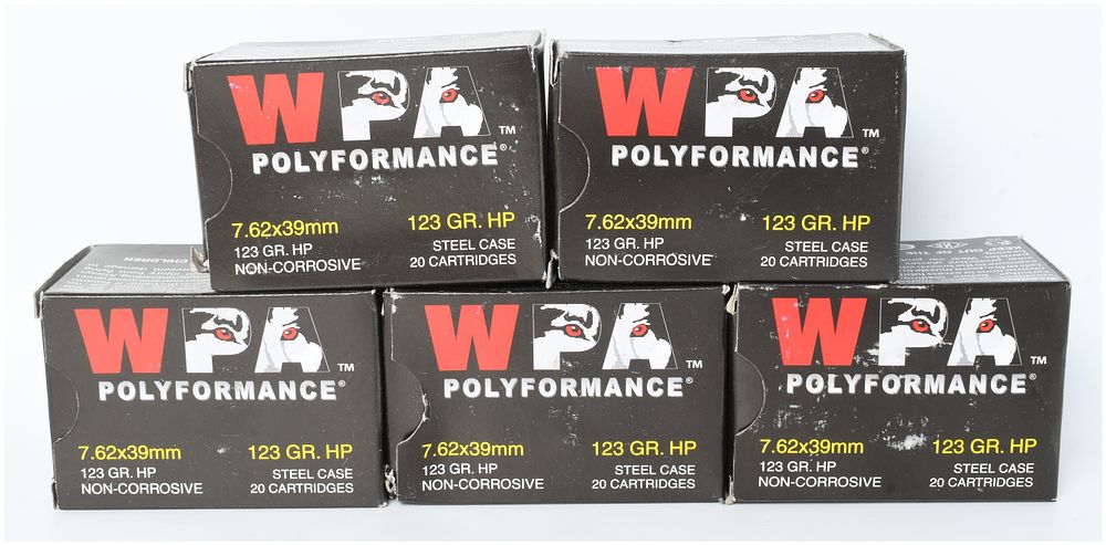 Lot 580: A Lot of 100 Rounds of Wolf WPA Polyformance 7.62x39mm Hollow Point Ammunition