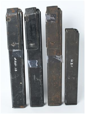 A Collection of 4 Ingram MAC-10 M3 Grease Gun and Uzi Submachine Gun Magazines .45 ACP and 9mm. A 