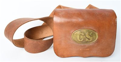 Confederate States Style Leather Cartridge Box with CS Plate and Shoulder Strap. A brown leather 