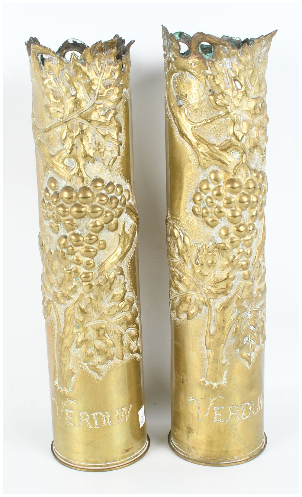 Lot 605: A Pair of French World War I Brass Trench Art Artillery Shell Vases Inscribed Verdun