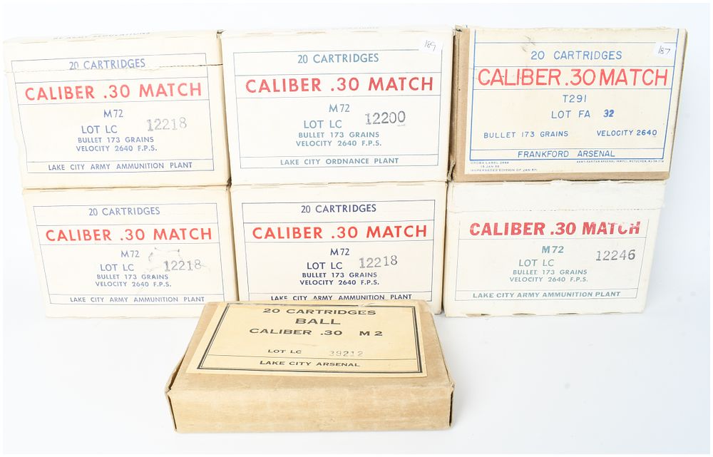 Lot 658: Lake City and Frankford Arsenal M72 Match and M2 Ball Ammunition .30 Caliber