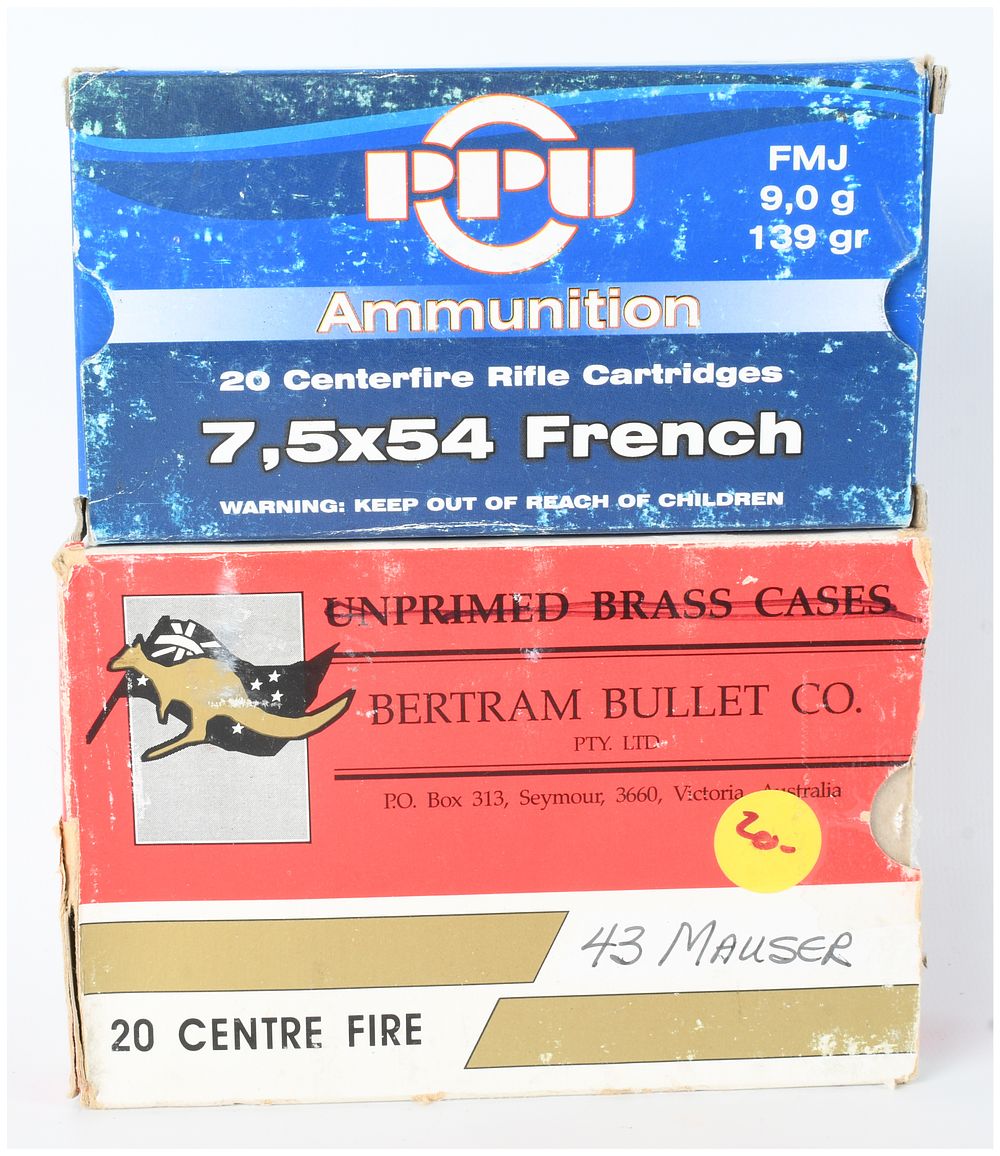 Lot 664: Prvi Partizan and Bertram Bullet Co. Centerfire Rifle Ammunition 7.5x54mm French and .43 Mauser