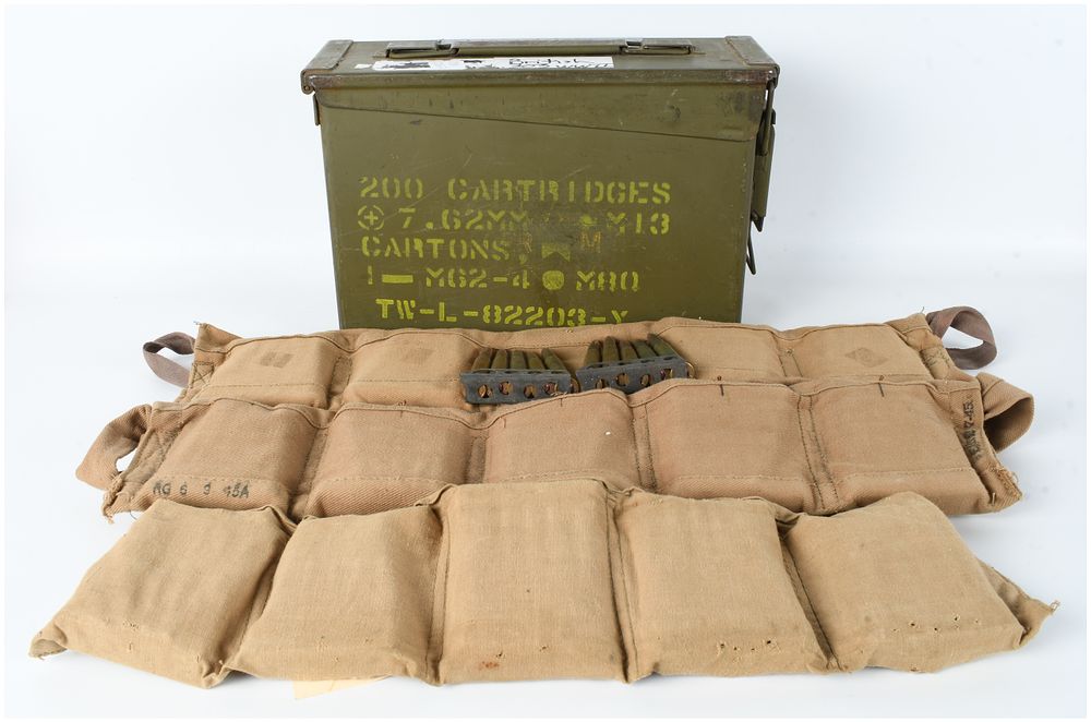 Lot 682: 150 Rounds of .303 British Ammunition on Stripper Clips with Canvas Bandoliers and US M19A1 Ammunition Can