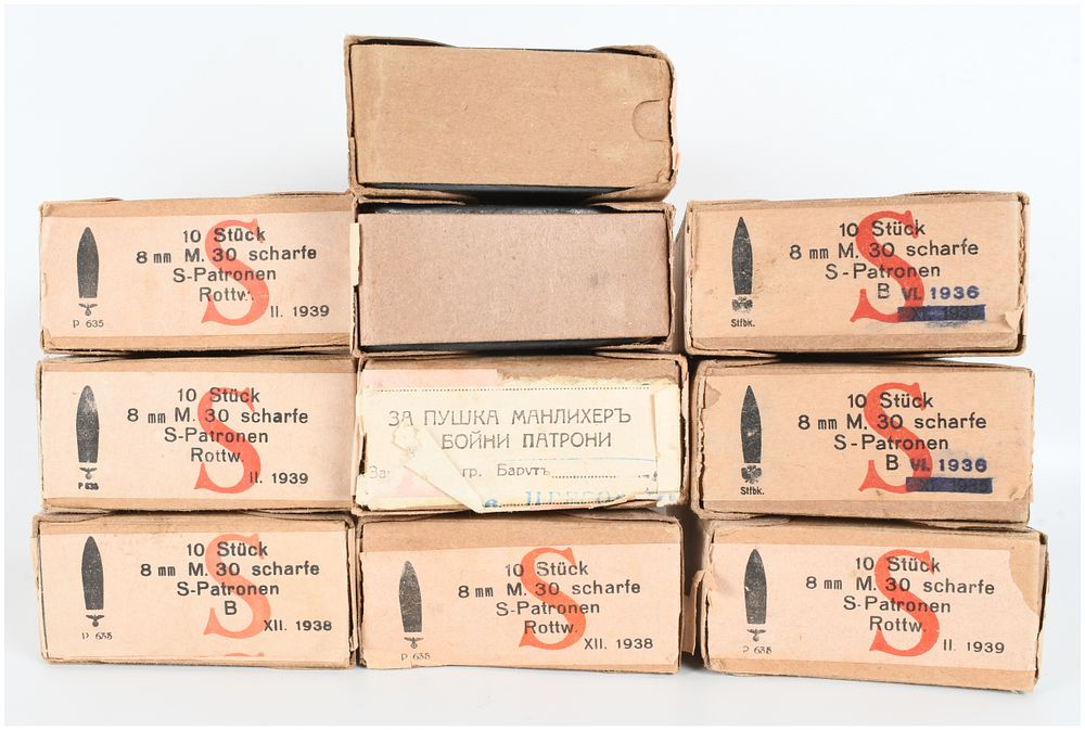 Lot 697: Gustloff-Werke Hirtenberg Mannlicher M.30 S-Patronen 8x56mmR 100 Rounds Of 8mm Mauser Ammunition