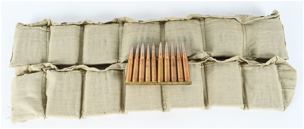 Lot 703: 140 Rounds of Turkish 8mm Mauser Ammunition on Stripper Clips in Bandoliers