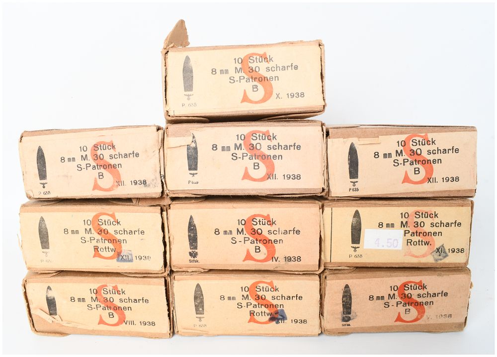 Lot 708: A Lot of 100 Rounds of Austrian and German M.30 S-Patronen Ammunition 8x56mmR 1938
