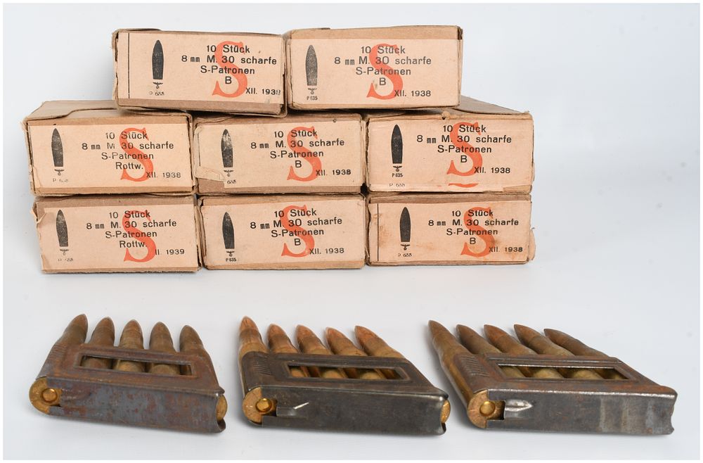 Lot 709: A Lot of Rottweil 8x56mmR M.30 Scharfe S-Patronen Ammunition 1938-1939