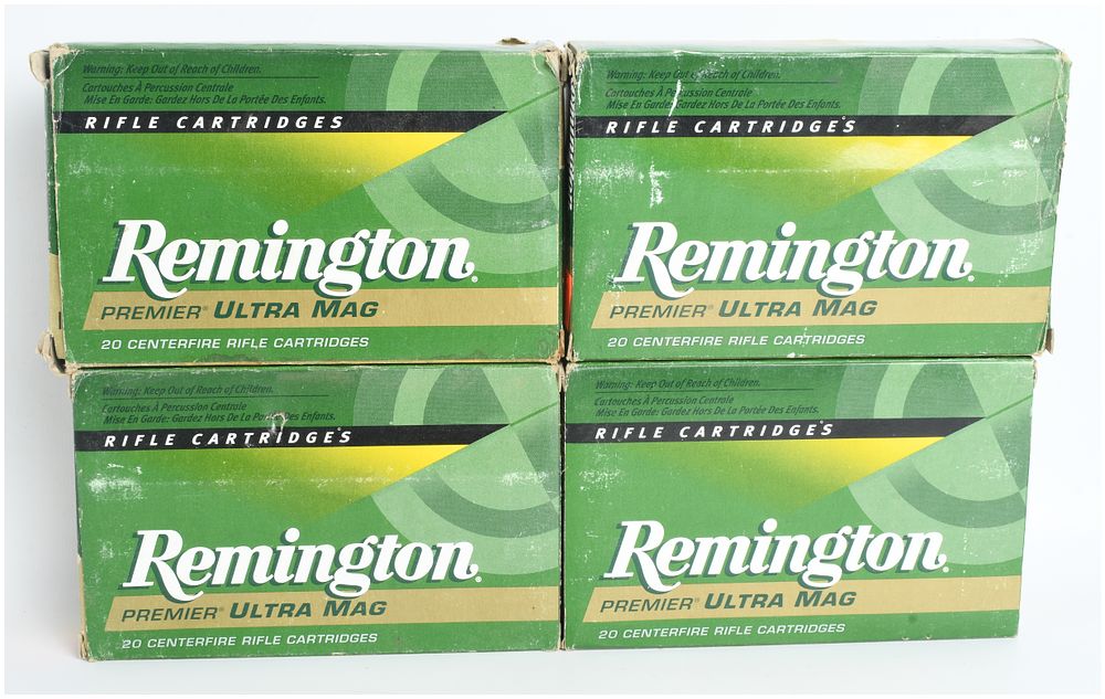 Lot 91: A Lot of Four Boxes of Remington Premier Ultra Mag Ammunition .375 Remington Ultra Mag