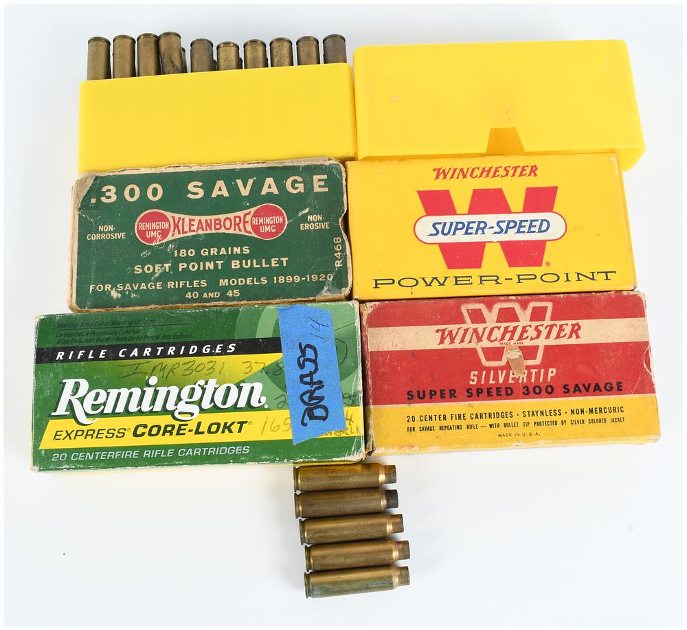 Lot 196: A Lot of 58 Live Rounds and 40 Empty Brass Casings in .300 Savage Caliber