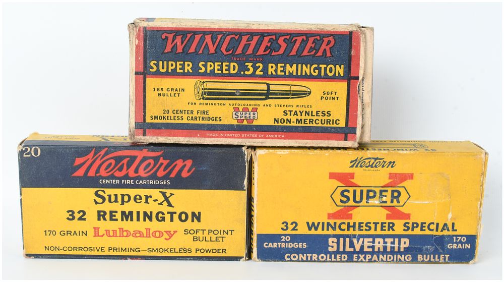 Lot 406: A Lot of 46 Live Rounds and Empty Brass Casings of .32 Remington and .32 Winchester Special Ammunition