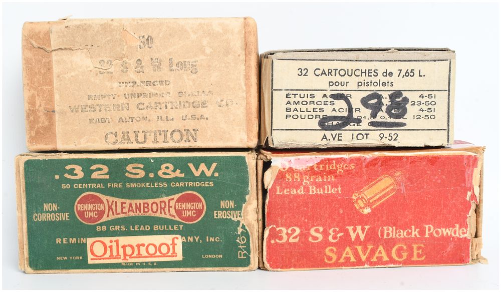 Lot 484: A Lot of Four Ammunition Boxes with 110 Live Rounds and 29 Empty Nickel Plated Casings .32 Caliber