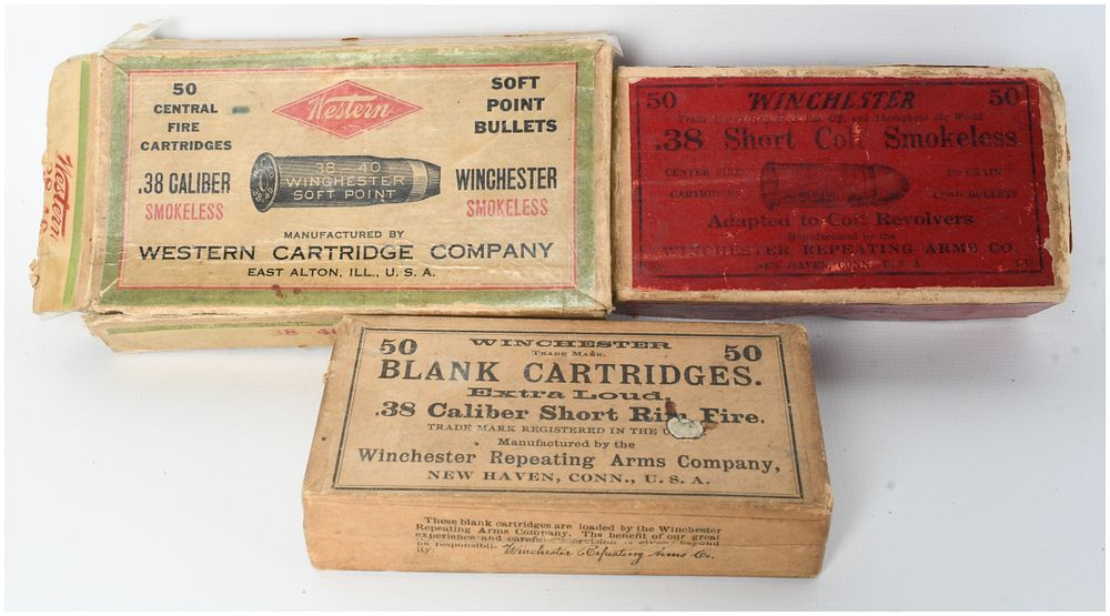 Lot 1093: A Lot of 110 Winchester and Western .38 Caliber Cartridges and Blanks in Factory Boxes