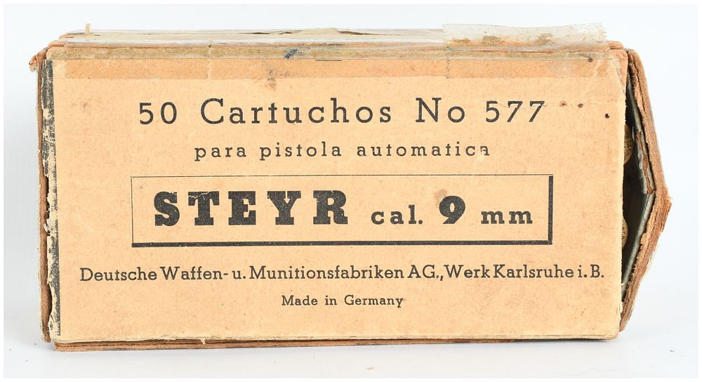 Lot 1147: A Lot of 50 DWM No. 577 Centerfire Pistol Cartridges 9mm Steyr