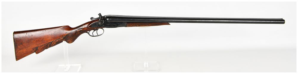 Lot 1188: Bartlett & Co Side-by-Side Hammer Shotgun 20 Gauge with Damascus Barrels Antique