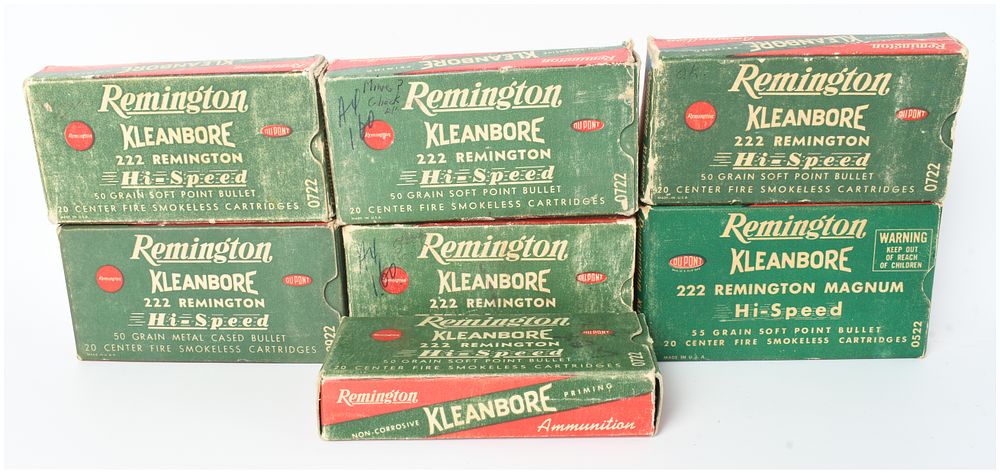 Lot 1405: A Lot of 7 Boxes of Remington Kleanbore .222 Remington and .222 Remington Magnum Ammunition