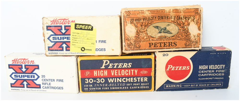 Lot 1525: Western and Peters .30-30 Winchester Centerfire Rifle Ammunition Lot of 75 Rounds and 20 Empty Brass Casings