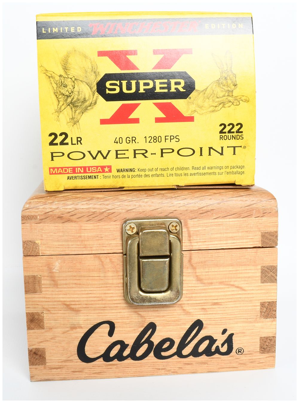 Lot 49: Winchester Super-X Power-Point Rimfire Ammunition .22 LR Lot of 222 Rounds with Cabela's Wooden Box