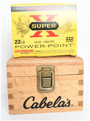 Winchester Super-X Power-Point Rimfire Ammunition .22 LR Lot of 222 Rounds with Cabela's Wooden Box