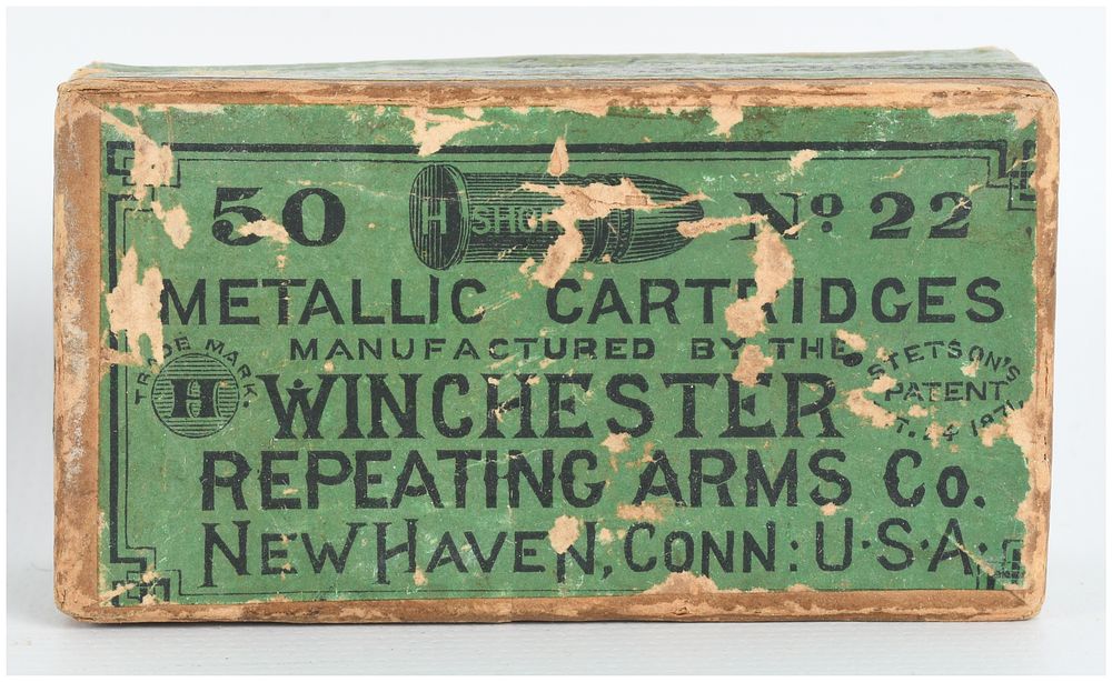Lot 250: A Lot of 43 Winchester .22 Short 1/2 Target Cartridges in Antique Two-Piece Box