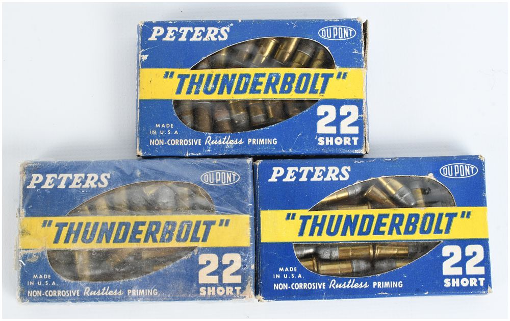 Lot 292: A Trio of Peters Thunderbolt .22 Short Rimfire Ammunition Boxes