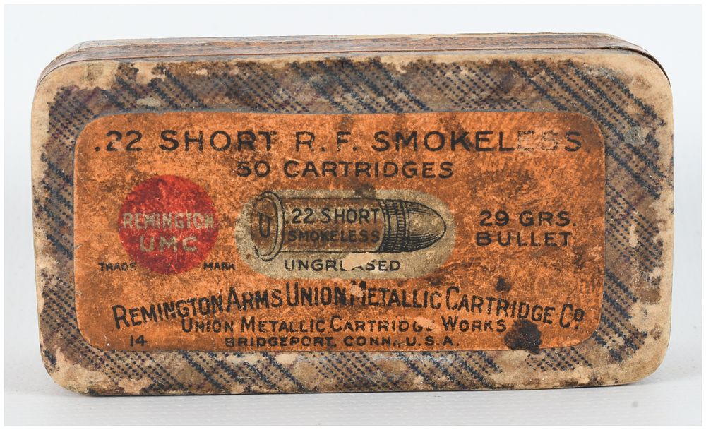 Lot 400: Remington-UMC .22 Short Rimfire Smokeless Ammunition Box with 50 Rounds Antique