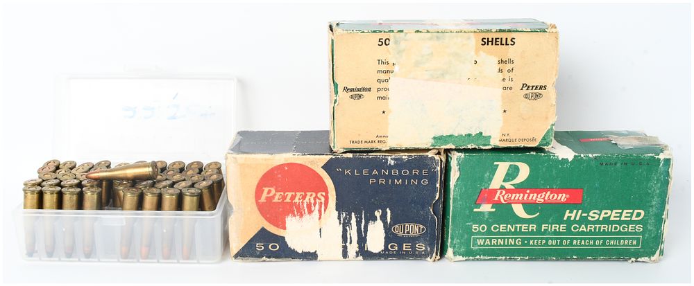 Lot 529: A Lot of 148 Live Rounds and 45 Empty Brass Casings of .22 Remington Jet Ammunition