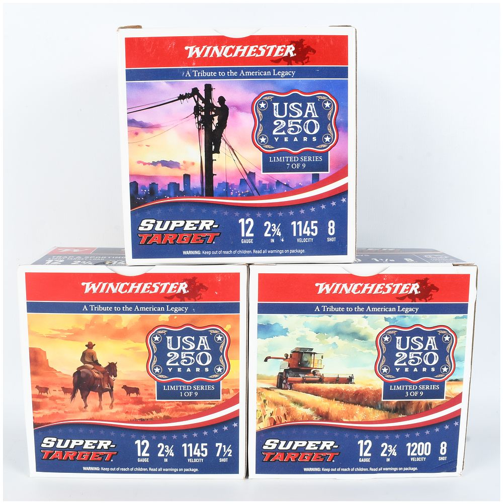 Lot 1078: A Lot of 75 Rounds of Winchester Super-Target USA 250 Years Limited Series 12 Gauge Shotgun Ammunition
