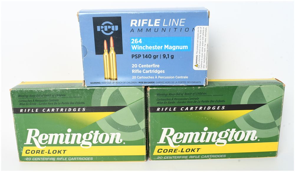 Lot 1306: A Lot of 57 Rounds of Remington and PPU .264 Winchester Magnum Rifle Ammunition