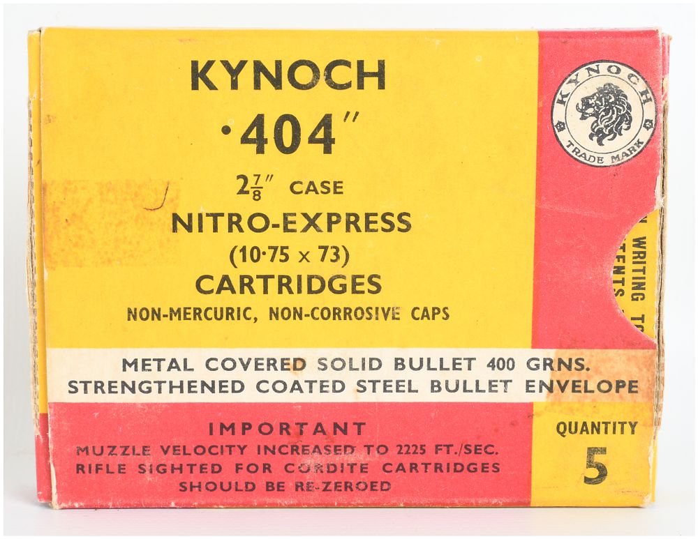 Lot 1426: Kynoch .404 Nitro-Express Cartridges 5 Rounds