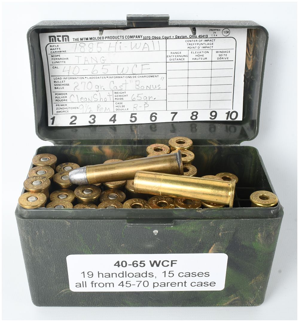 Lot 1456: A Lot of 19 Live Rounds and 15 Empty Brass Casings of .40-65 WCF Ammunition