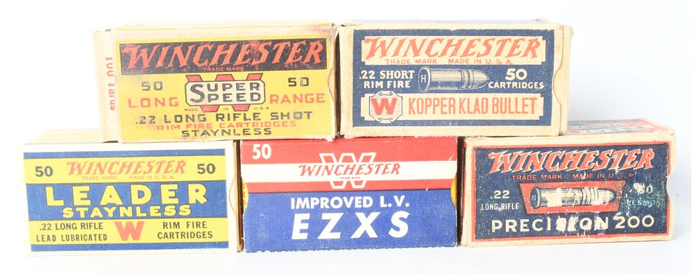 Lot 232: A Lot of 224 Rounds of Winchester .22 Caliber Rimfire Ammunition in Five Boxes