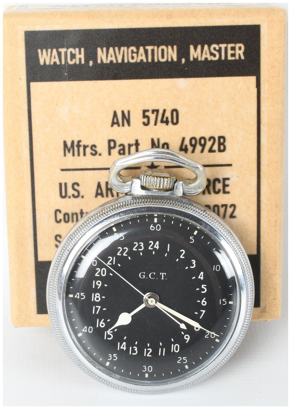 Lot 380: Hamilton Model 4992B G.C.T. AN 5740 U.S. Army Air Forces Navigation Pocket Watch with Box