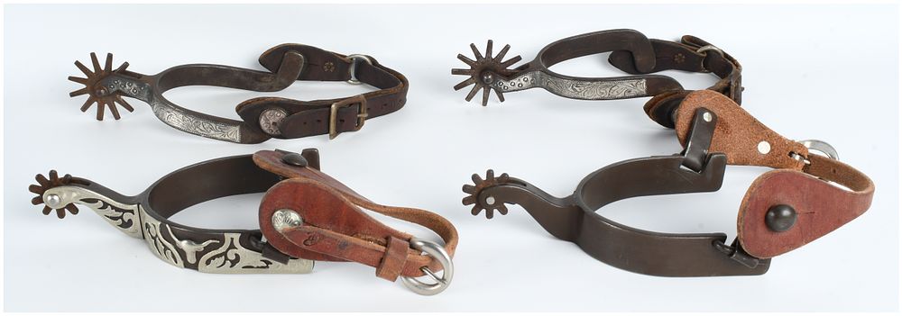 Lot 530: An Assortment of Vintage Western Engraved Steel Spurs with Leather Straps