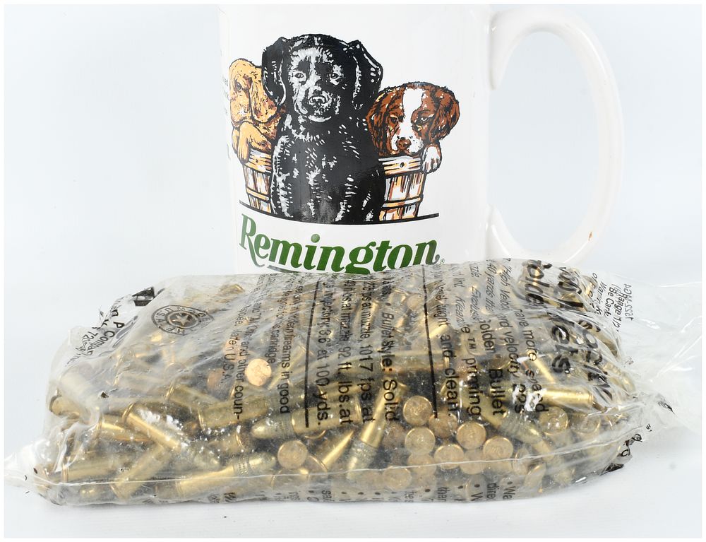 Lot 532: Remington Golden Bullet Ammunition .22 Long Rifle 350 Rounds with Commemorative Mug 1995
