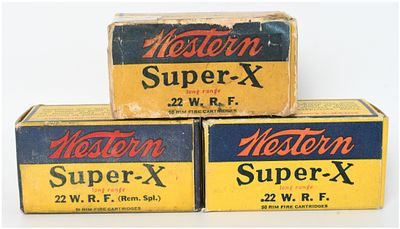 A Trio of Western Super-X Rimfire Ammunition Boxes .22 W.R.F. with 150 Rounds. This lot consists 