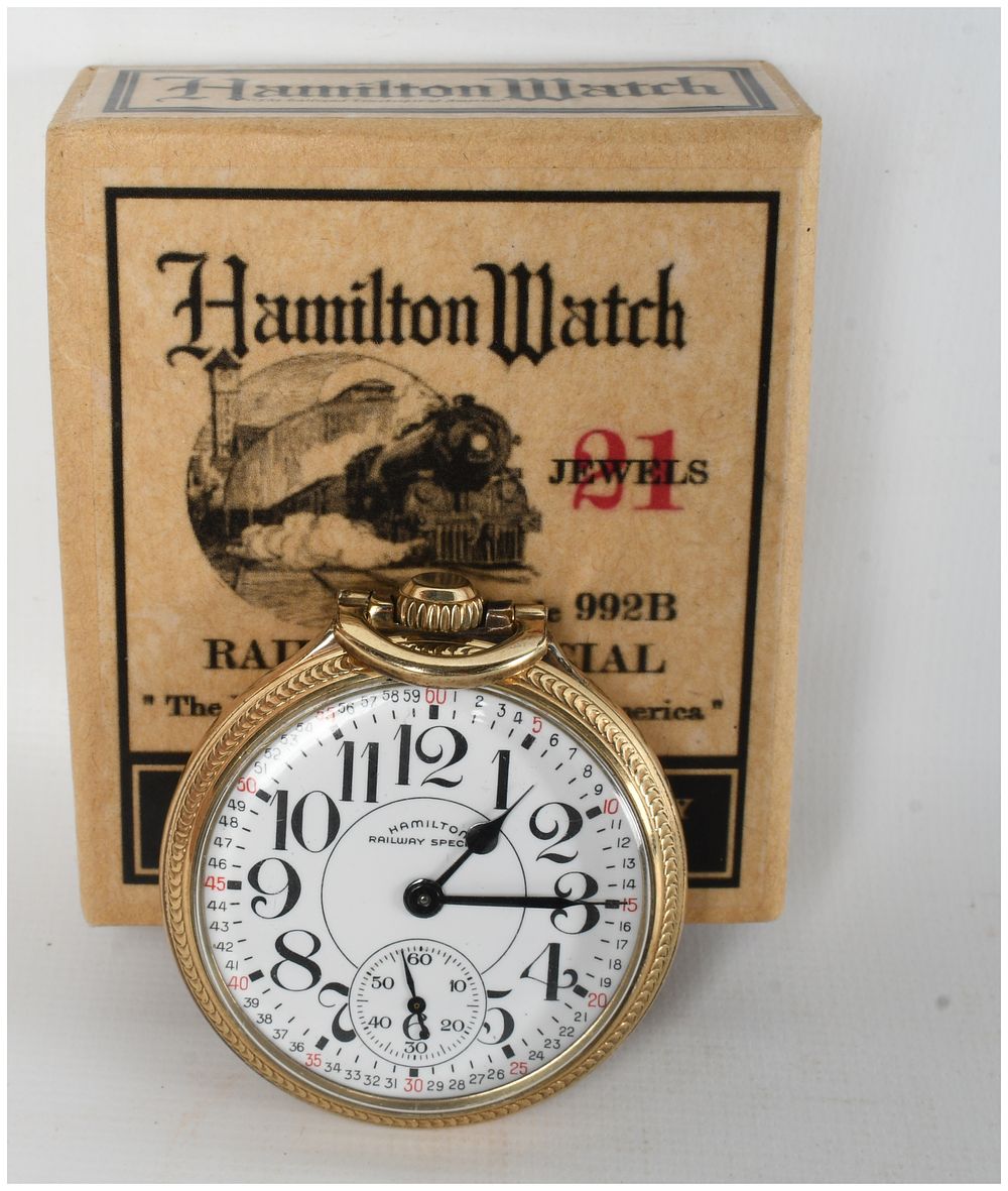 Lot 1139: Hamilton Railway Special Grade 992B 21 Jewel Pocket Watch in 10K Gold Filled Case with Original Box