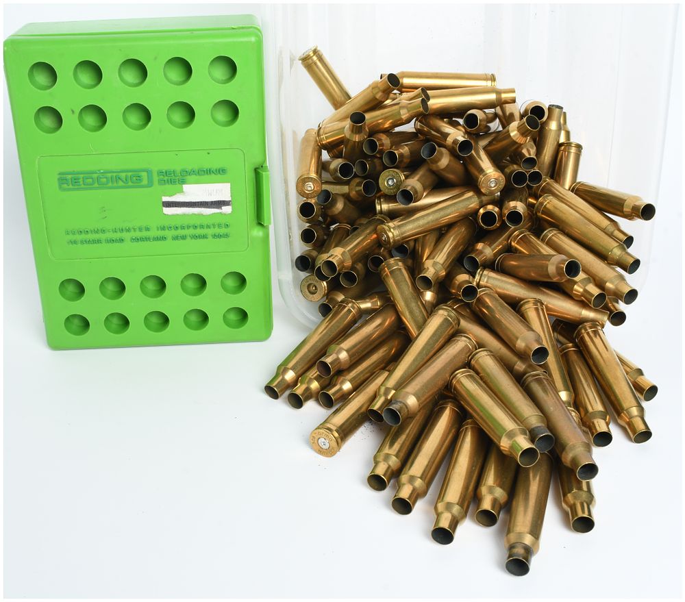 Lot 1184: Redding Series B Full Length Die Set and Lot of 113 Empty Brass Casings .308 Norma Magnum