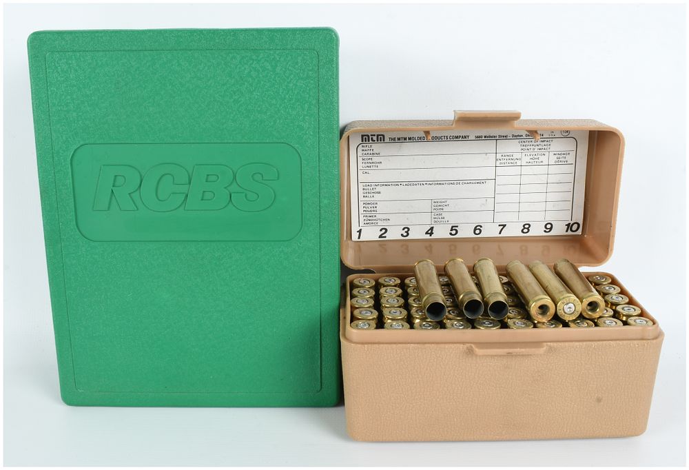 Lot 1244: RCBS 7mm TCU Full Length Two-Die Set with 56 Count of Empty Brass Casings