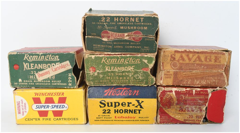 Lot 1384: A Lot of 160 Rounds of Assorted .22 Hornet Ammunition in Seven Vintage Boxes