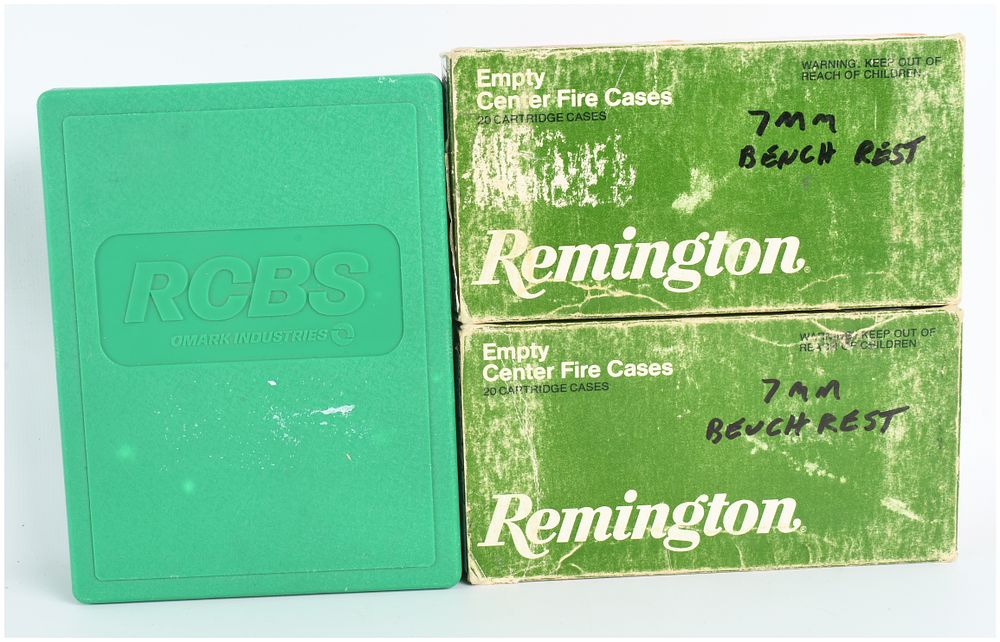 Lot 1454: RCBS 7mm Bench Rest Remington Full Length Die Set with 40 Rounds of Ammunition