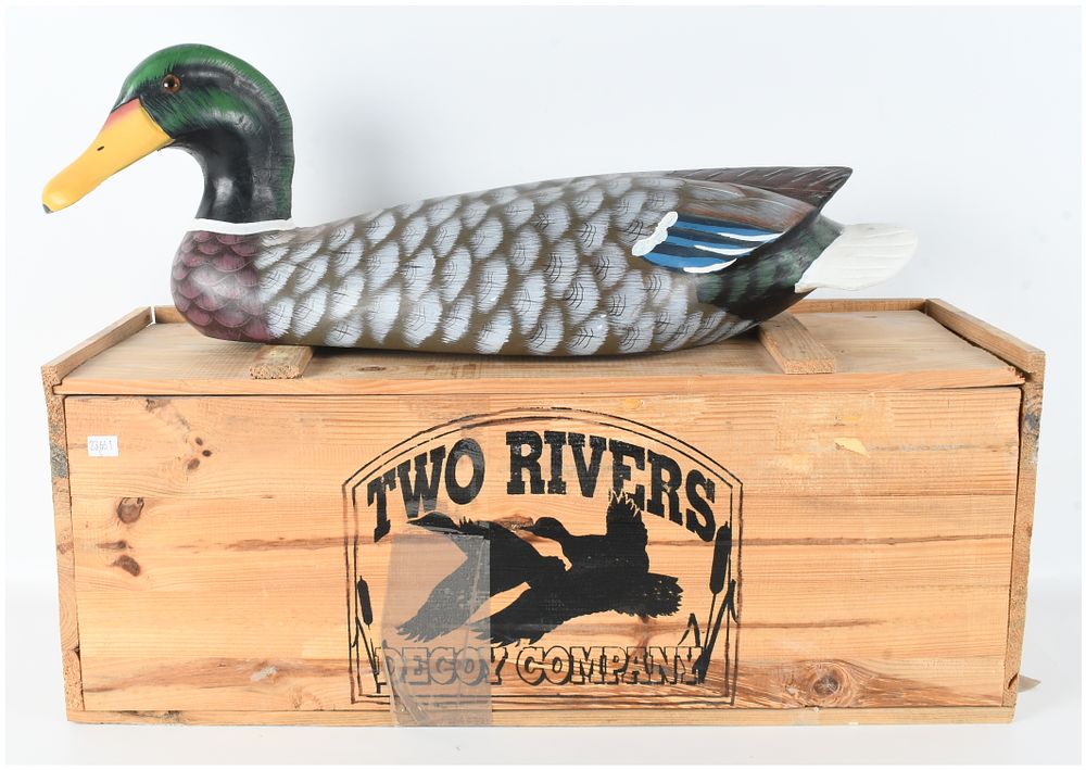 Lot 101: Two Rivers Decoy Company Mallard Drake Wood Decoy and Branded Wooden Crate