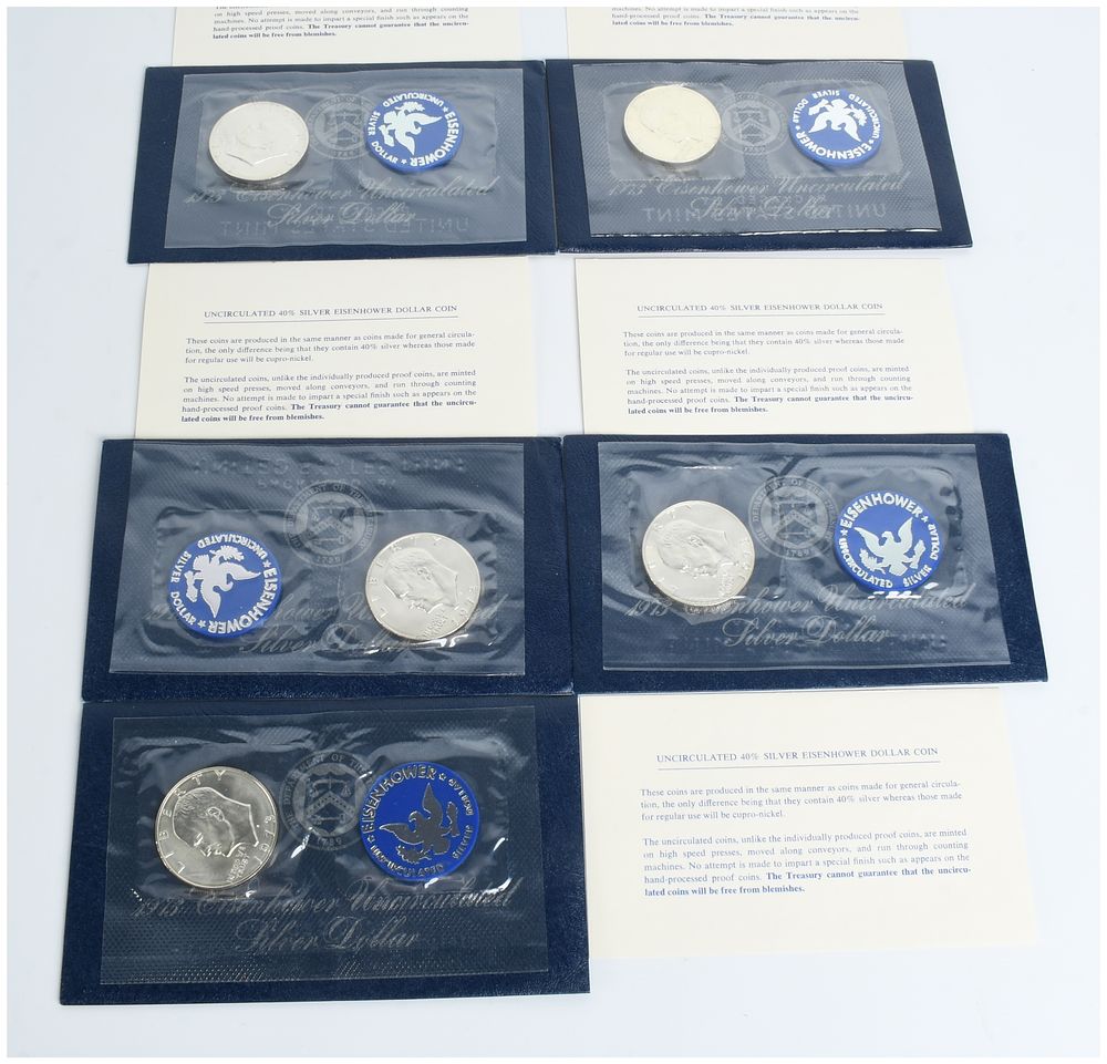 Lot 110: Five 1973-S US Eisenhower Silver Dollars in Original Government Packaging