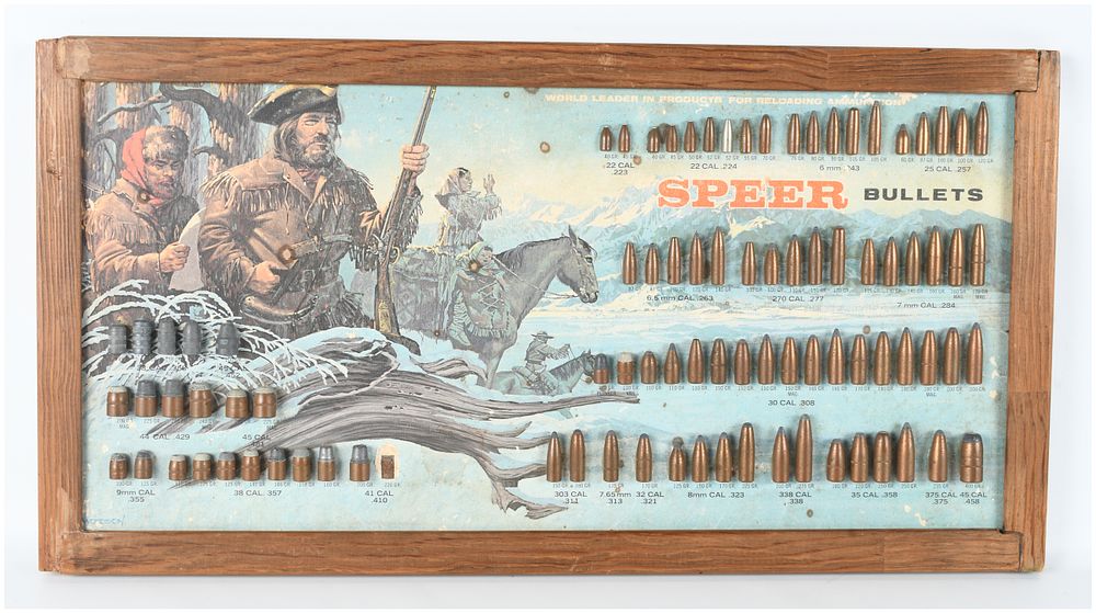 Lot 254: Speer Bullets Lewis and Clark Promotional Ammunition Display Board with 88 Projectiles