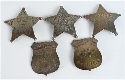 A Collection of Five Vintage Style Law Enforcement and Railroad Badges. This lot consists of 