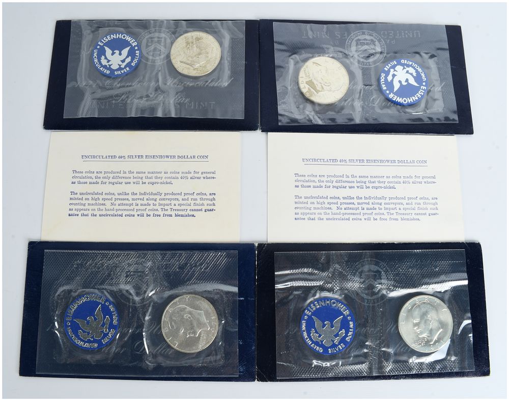 Lot 350: Four US 1971-S Eisenhower Uncirculated 40% Silver Dollars in Original Mint Packaging